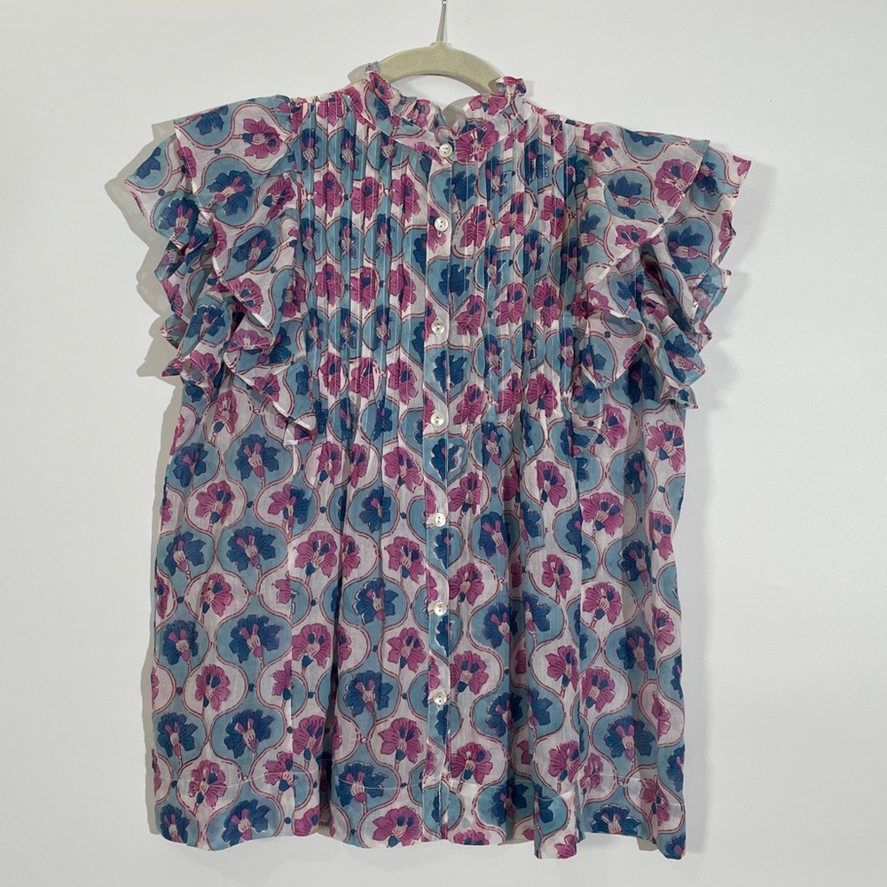 Oliphant Pintuck Ruffle Top Blouse XS 100% Cotton Pink Blue Print EUC - Picture 6 of 12